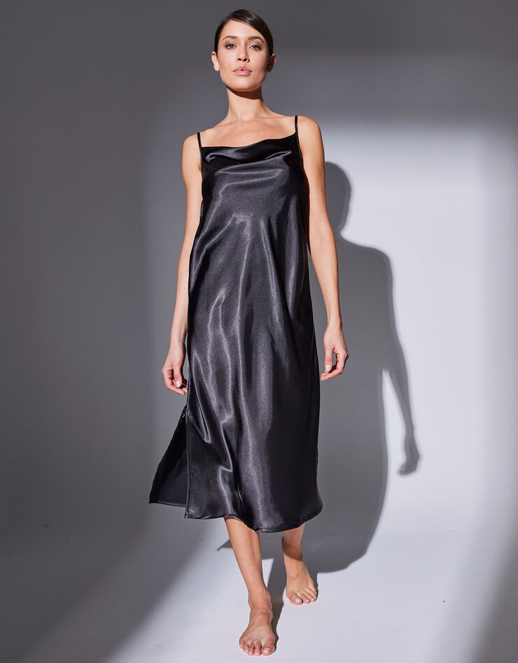 Nuisette longue satin et dentelle - col bénitier (noir)