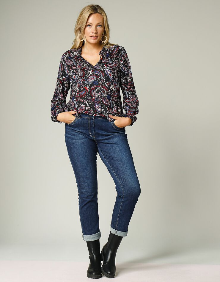 Blouse volantée imprimée cachemire (noir / bleu) Blouse volantée imprimée cachemire (noir / bleu)