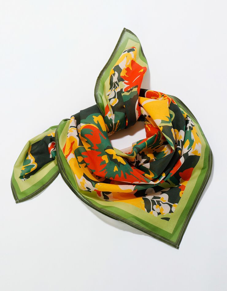 Foulard fabriqué en France imprimé fleurs, 100 x 100 cm - coton (vert / orange) Foulard fabriqué en France imprimé fleurs, 100 x 100 cm - coton (vert / orange)