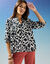 Blouse bicolore col tunisien, manches coudes smockées (noir / beige)