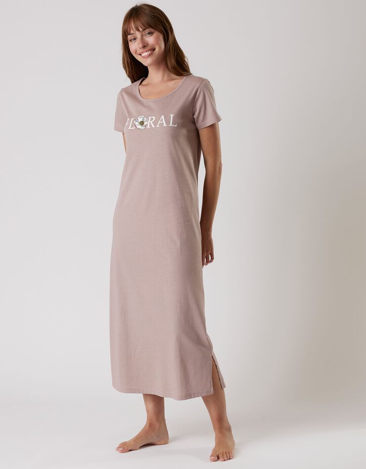Chemise de nuit longue manches courtes en coton motif "Floral"  (taupe)