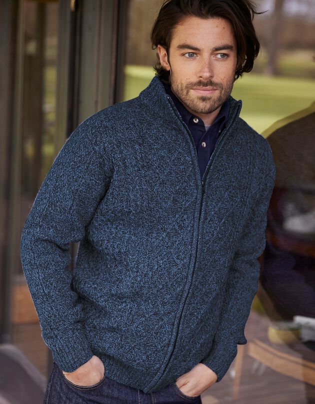 Gilet zippé maille irlandaise (bleu mouliné)