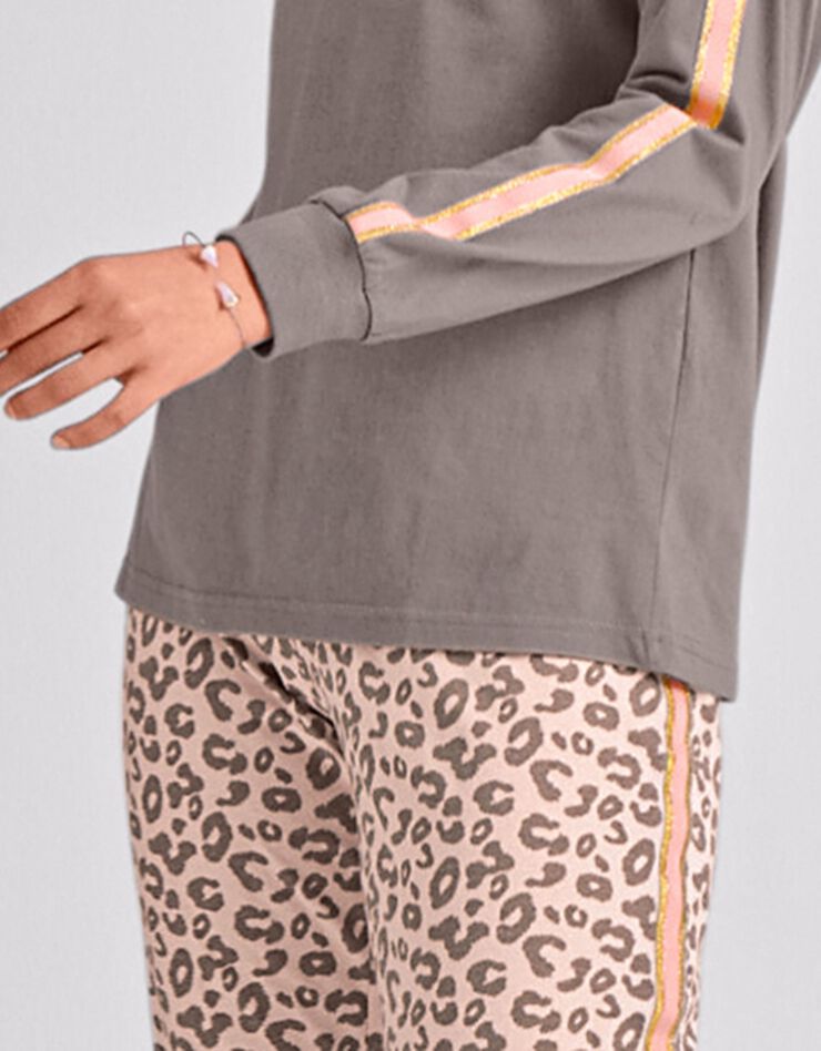 Pyjama à bandes irisées manches longues imprimé léopard (rose / taupe) Pyjama à bandes irisées manches longues imprimé léopard (rose / taupe)