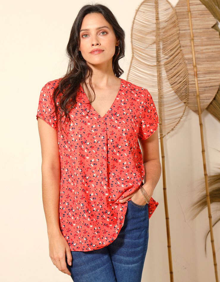 Blouse V manches courtes, crêpe imprimé feuilles (corail / marine) Blouse V manches courtes, crêpe imprimé feuilles (corail / marine)