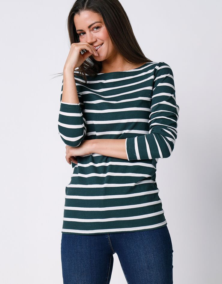 Tee-shirt marinière manches longues en coton bio, éco-responsable (vert / blanc) Tee-shirt marinière manches longues en coton bio, éco-responsable (vert / blanc)