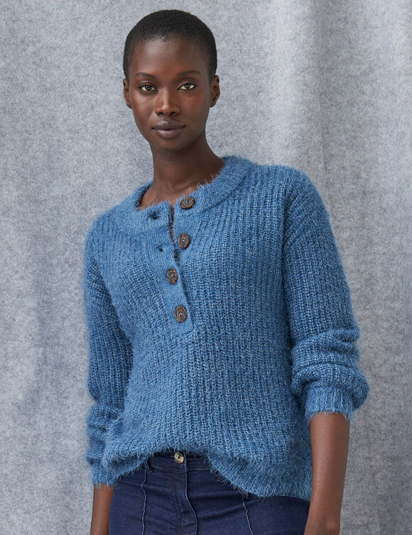 Pull loose col tunisien boutonn&eacute;, maille anglaise fils brillants (bleu gris&eacute;)