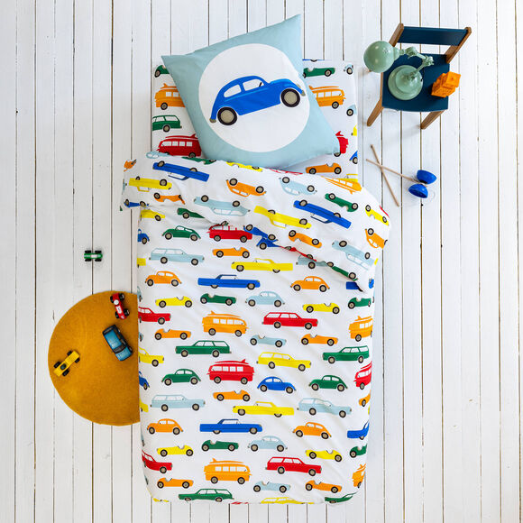 Linge de lit enfant Vroum coton - Imprimé voitures (blanc)