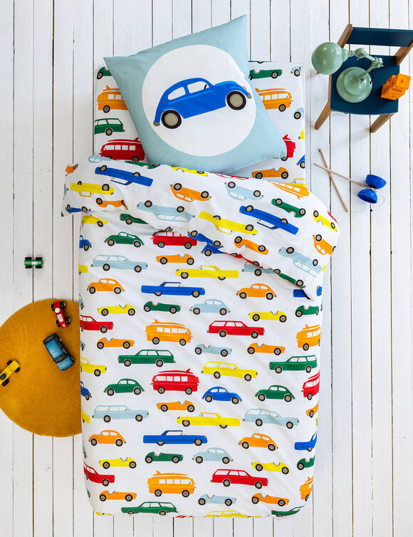 Linge de lit enfant Vroum coton - Imprimé voitures (blanc)