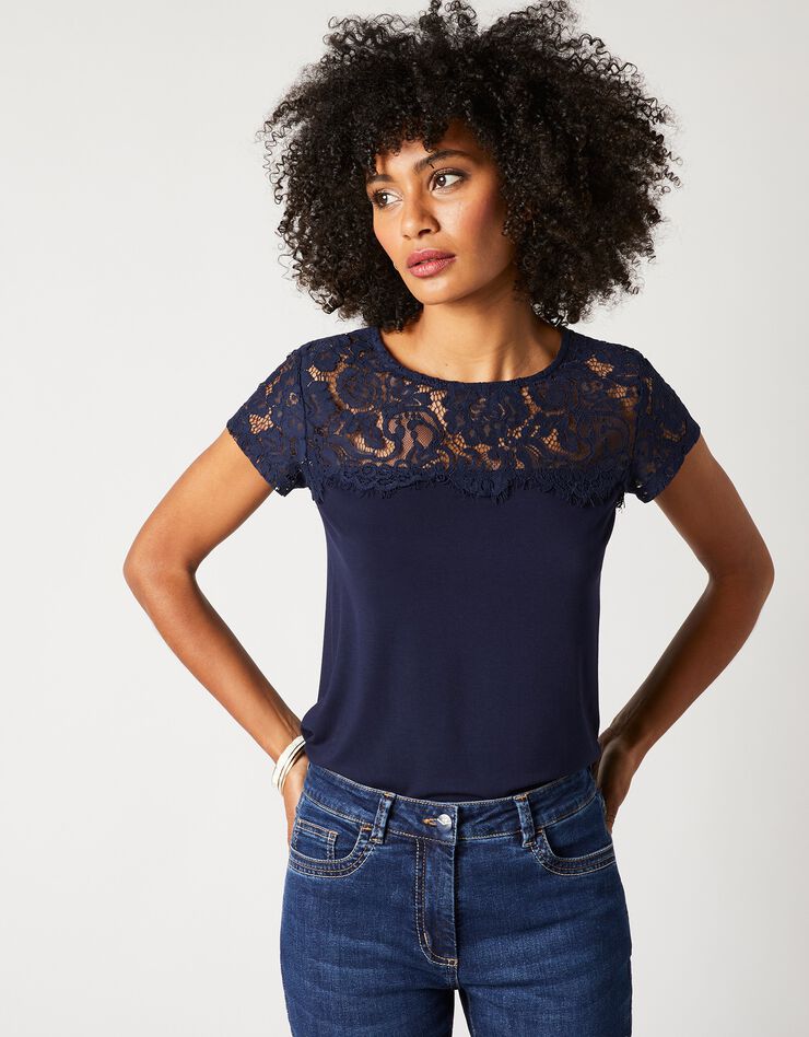 T-shirt dentelle col rond manches courtes (marine)