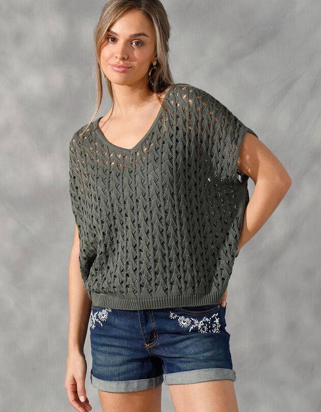 Pull col V coupe "loose" maille ajourée (kaki)