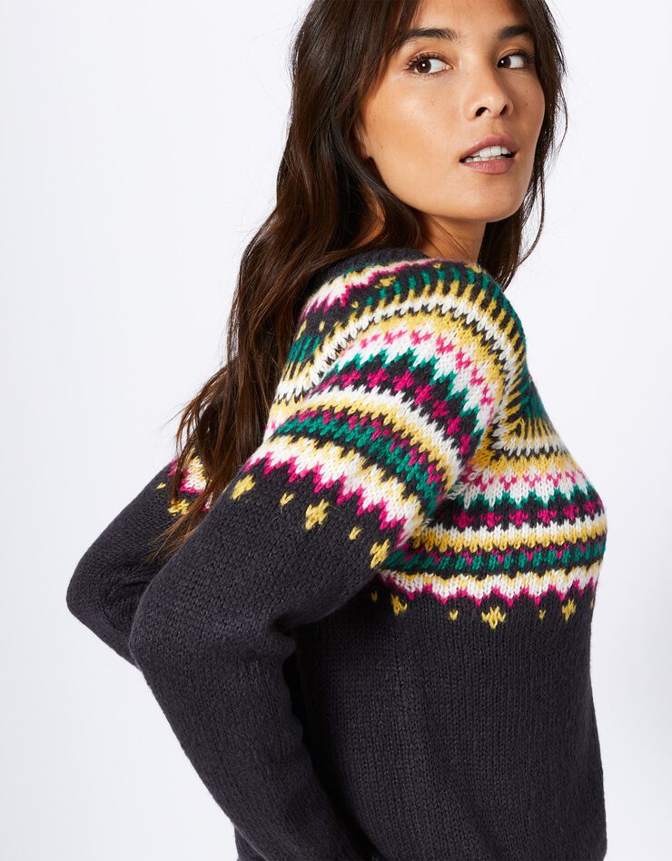 Pull col rond motif jacquard, toucher mohair (anthracite / miel) Pull col rond motif jacquard, toucher mohair (anthracite / miel)