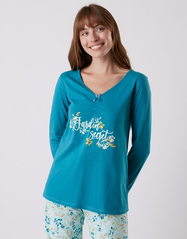 Tee-shirt pyjama manches longues imprimé placé "jardin secret" (émeraude)
