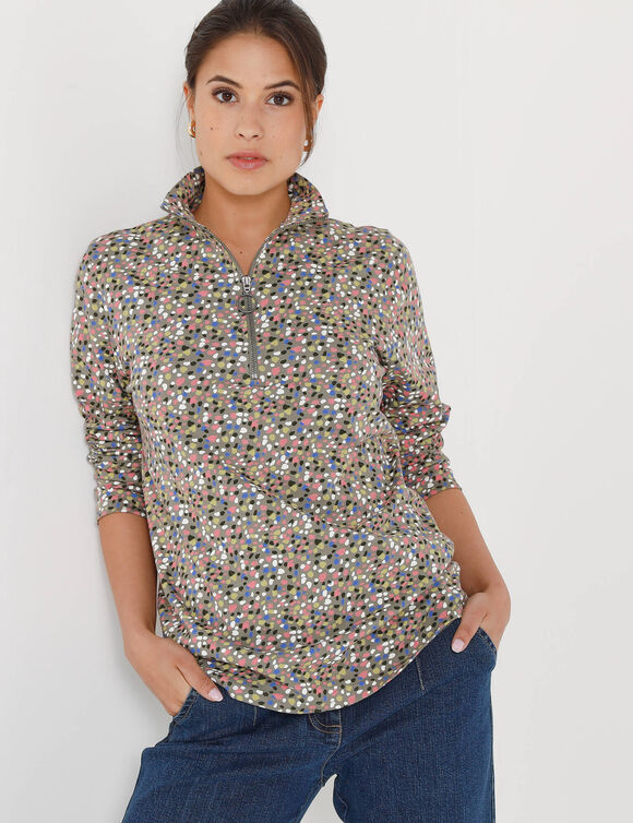 T-shirt col montant zippé imprimé (kaki)