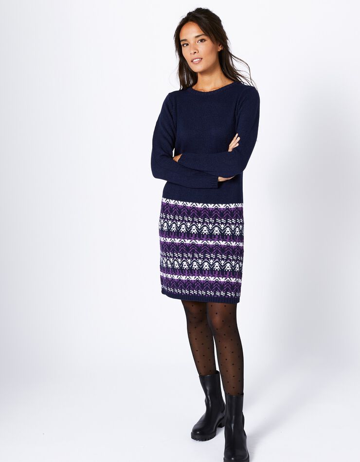 Robe pull unie base à motifs jacquard - manches longues (marine / violine) Robe pull unie base à motifs jacquard - manches longues (marine / violine)