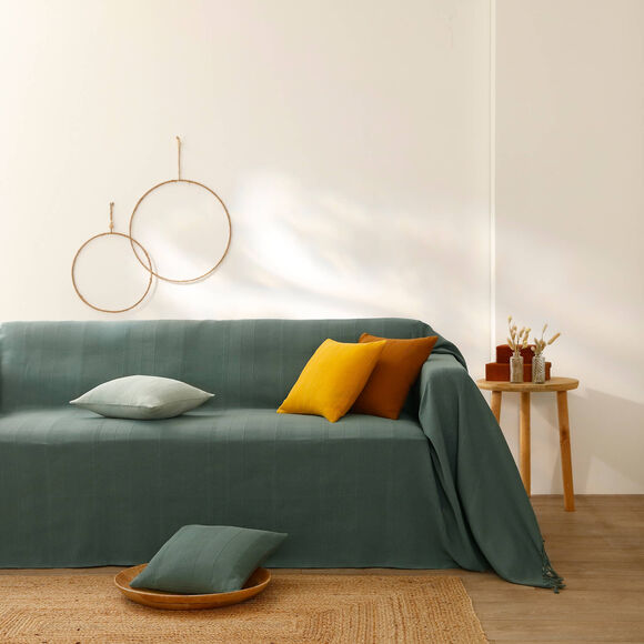  Plaid ou jet&eacute; uni coton tissage artisanal (vert gris&eacute;)