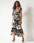 Robe longue macramé, imprimé tropical, taille smockée (noir / beige)
