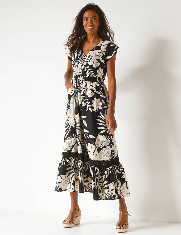 Robe longue macramé, imprimé tropical, taille smockée (noir / beige)