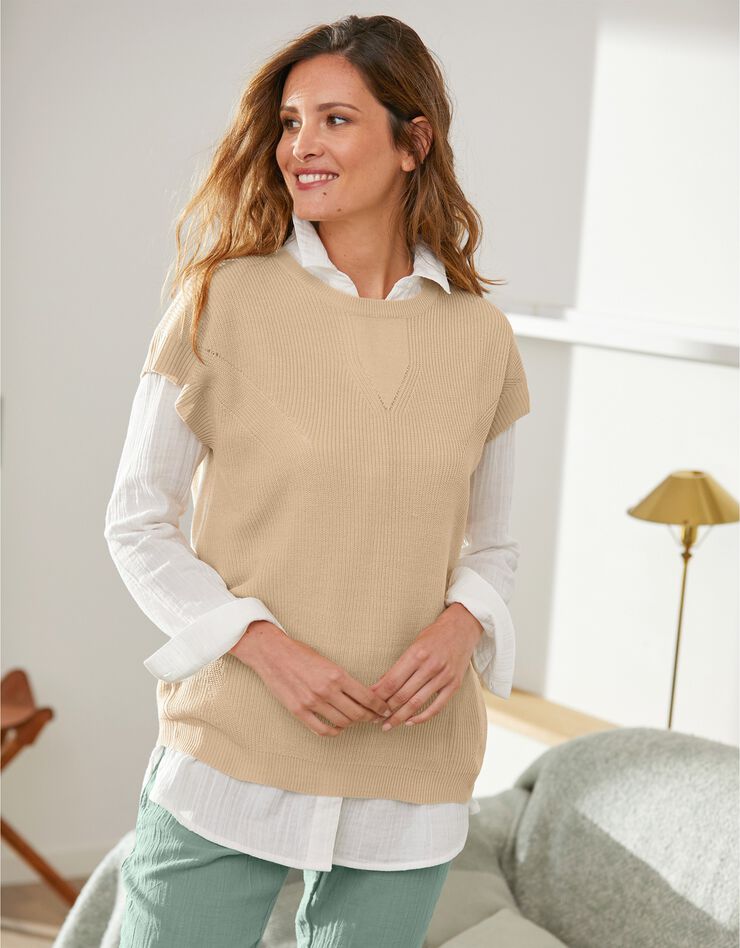 Pull maille perlée sans manches (sable) Pull maille perlée sans manches (sable)