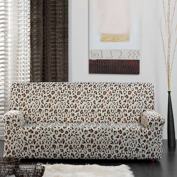 Housse de canap&eacute; extensible, jacquard l&eacute;opard (&eacute;cru / caramel)