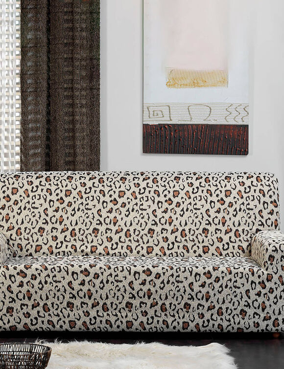 Housse de canap&eacute; extensible, jacquard l&eacute;opard (&eacute;cru / caramel)