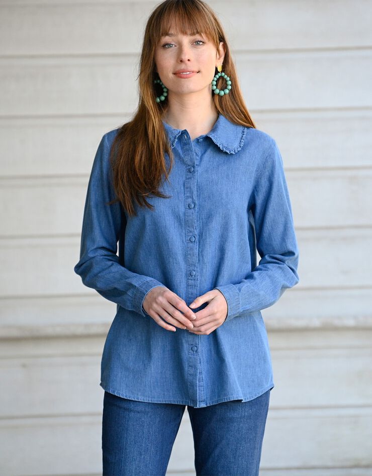 Blouse boutonnée col claudine volanté, jean (bleached) Blouse boutonnée col claudine volanté, jean (bleached)
