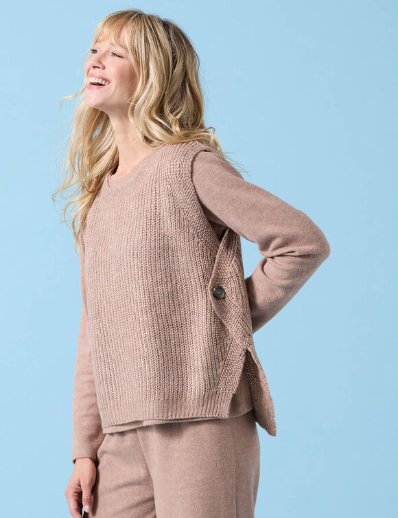 Pull Spécial Petites sans manches, côte perlée toucher doux (noisette chiné)