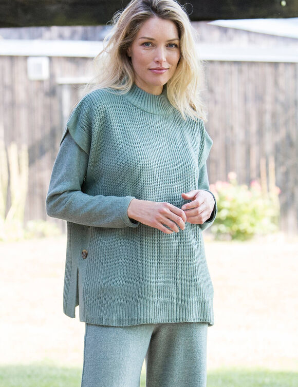 Pull col montant sans manches, maille perlée (kaki clair)