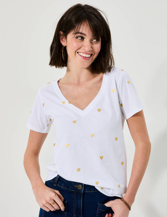 T-shirt col V imprimé cœurs dorés (blanc)