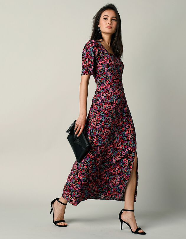 Robe longue imprimée encolure carrée (noir / fuchsia) Robe longue imprimée encolure carrée (noir / fuchsia)