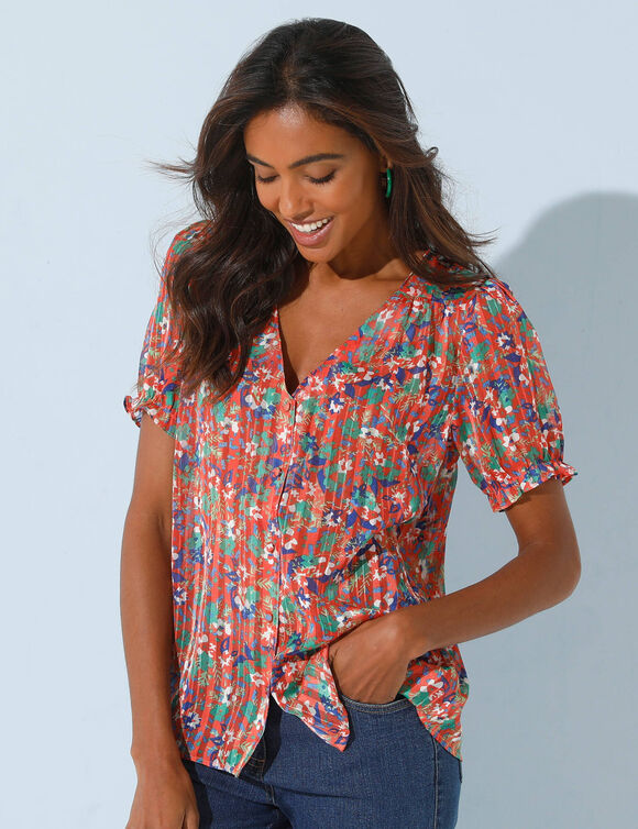 Chemisier boutonné manches blousantes imprimé, voile jacquard (pêche)