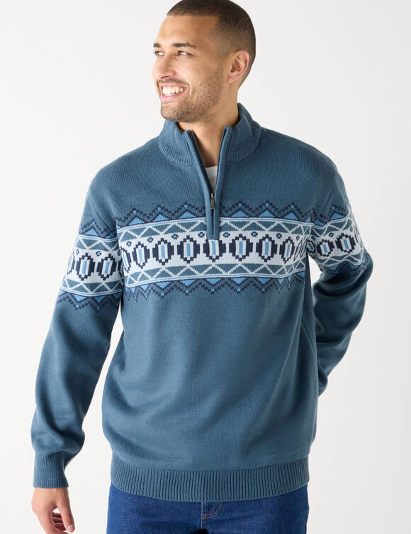 Pull camionneur jersey motif jacquard doublé polaire (bleu grisé)