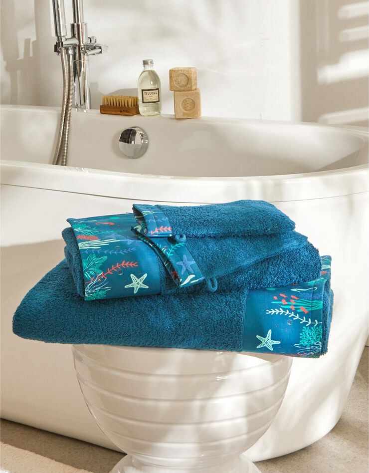 Éponge bouclette 420 g/m2 liteau motif corail (bleu paon)