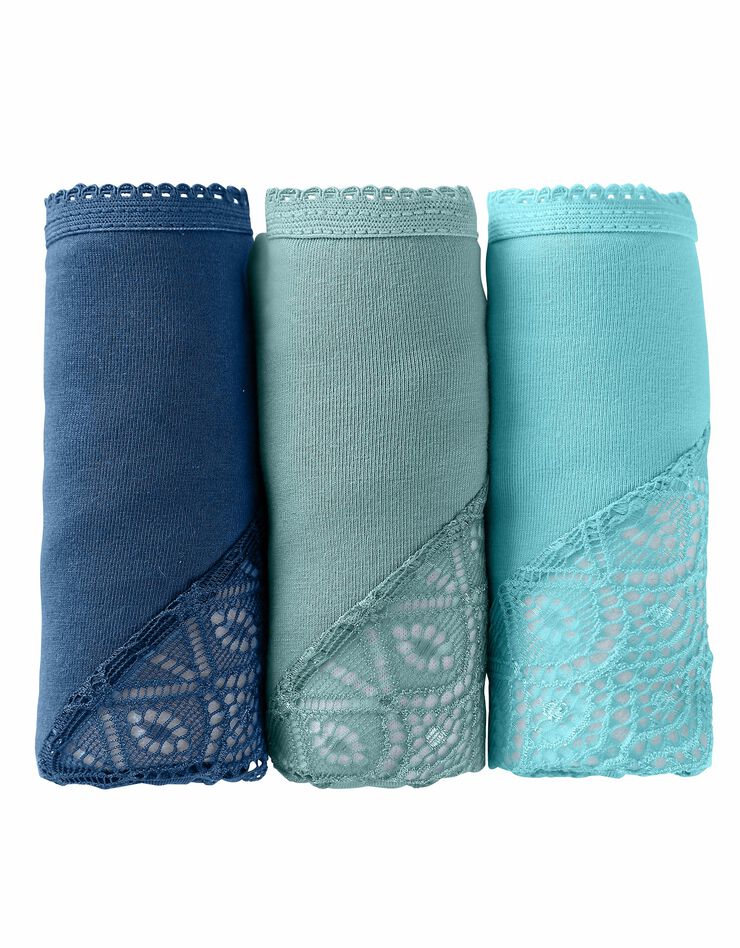 Culotte forme midi coton uni stretch et dentelle - lot de 3 (bleu + marine + vert)