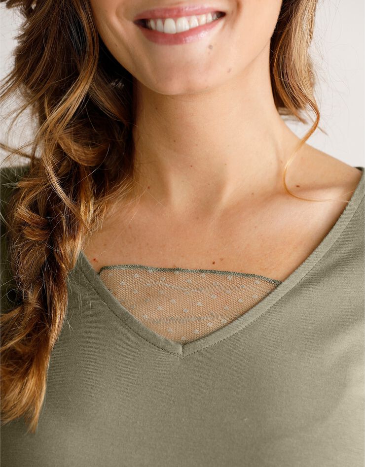 Tee-shirt col plumetis manches longues (vert olive) Tee-shirt col plumetis manches longues (vert olive)