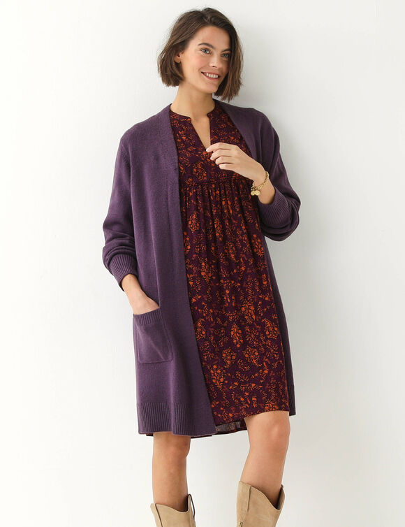Gilet long porter ouvert, col V (prune)