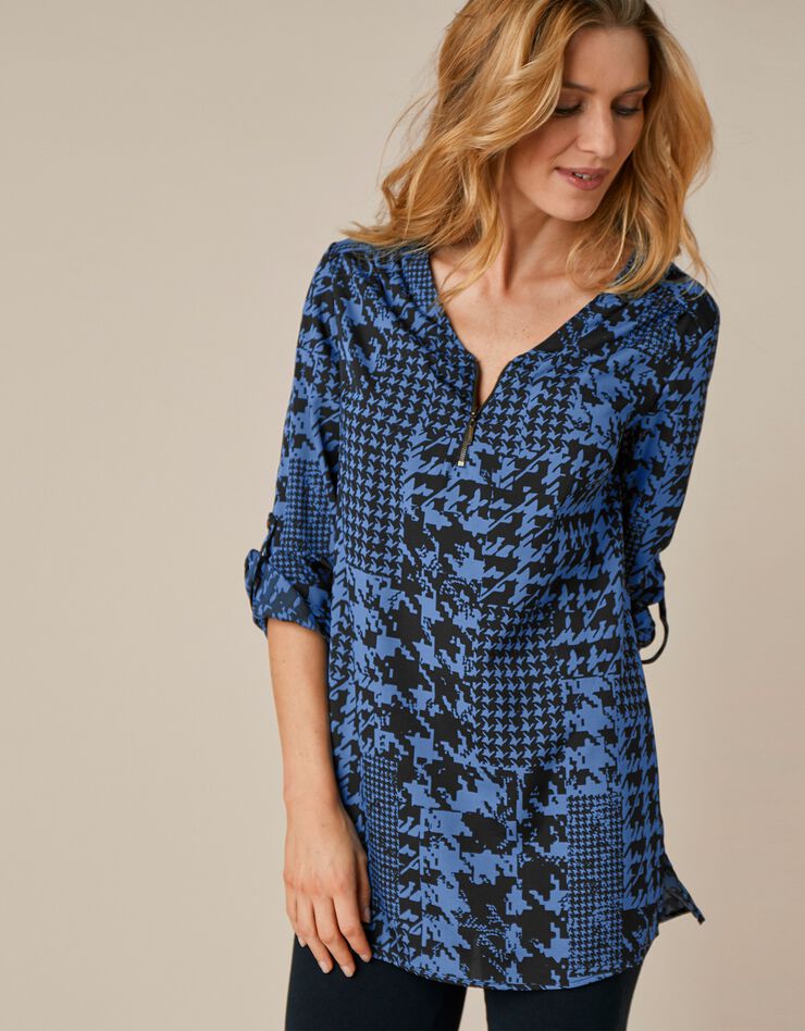Blouse zippée imprimé pied de poule - manches longues (noir / bleu) Blouse zippée imprimé pied de poule - manches longues (noir / bleu)