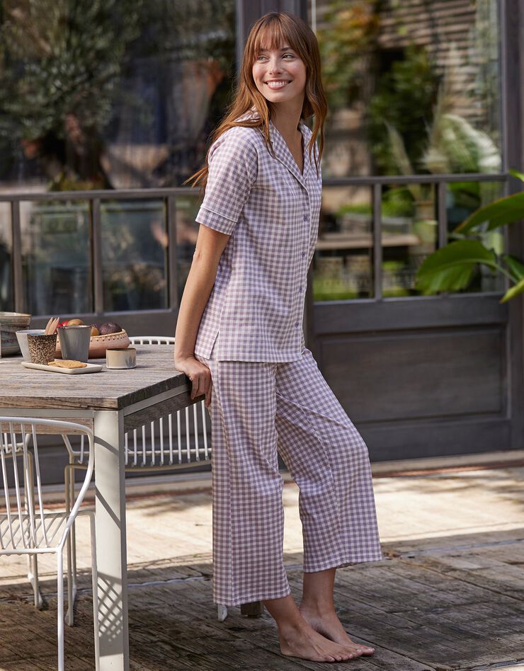 Pyjama pantalon court imprimé carreaux - col tailleur (parme)
