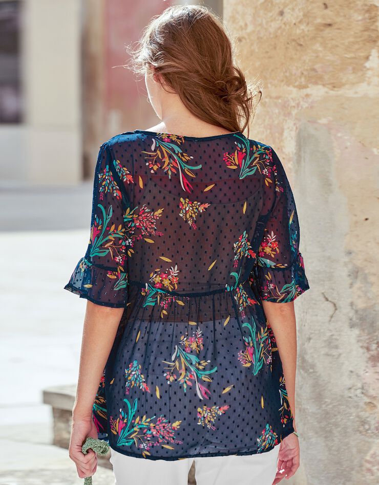 Blouse plumetis imprimée col V biais doré (marine) Blouse plumetis imprimée col V biais doré (marine)