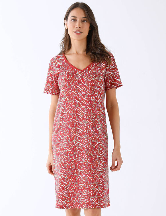 Chemise de nuit manches courtes imprim&eacute;e feuillage (brique)