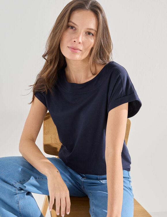 T-shirt uni col bateau, manches courtes (marine)