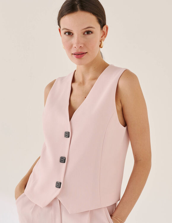 Veste "cafetier" sans manches, cr&ecirc;pe fluide (rose poudr&eacute;)