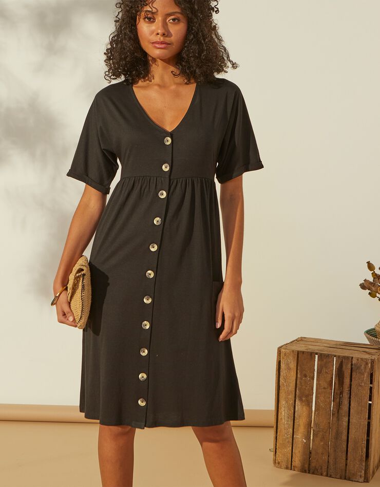 Robe boutonnée à poches, col V (noir) Robe boutonnée à poches, col V (noir)