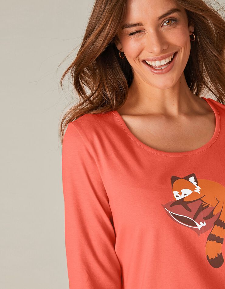 Chemise de nuit courte manches longues motif "panda roux" (corail)