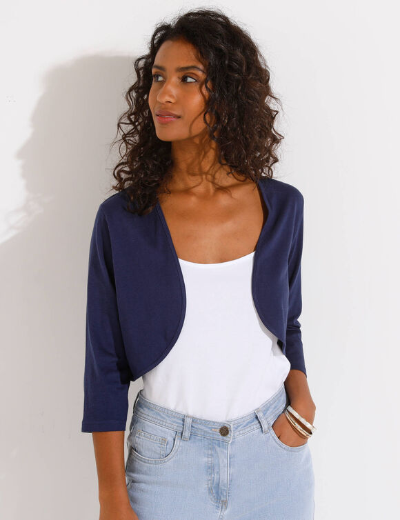 Bol&eacute;ro manches 3/4 uni, coton m&eacute;lang&eacute; (marine)