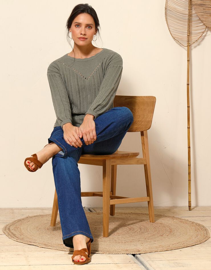 Pull col festonné, maille ajourée fantaisie (kaki) Pull col festonné, maille ajourée fantaisie (kaki)