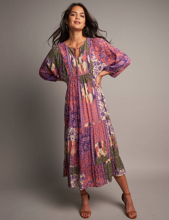 Robe longue imprim&eacute;e, cr&eacute;pon (prune / kaki)