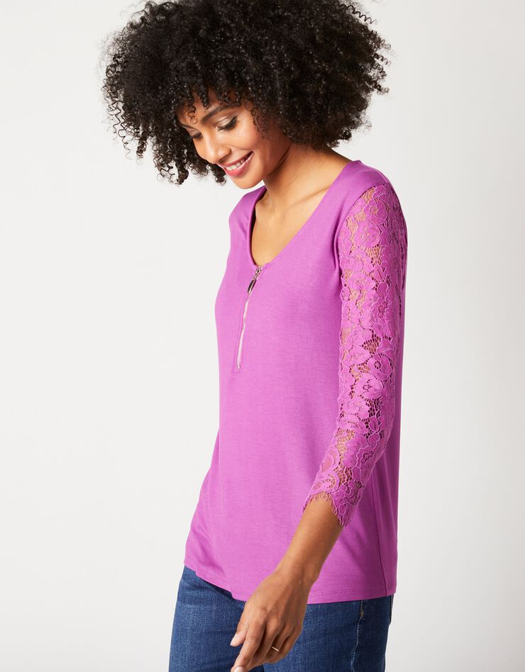 Tee-shirt col zippé manches 3/4 dentelle jersey (violine) Tee-shirt col zippé manches 3/4 dentelle jersey (violine)