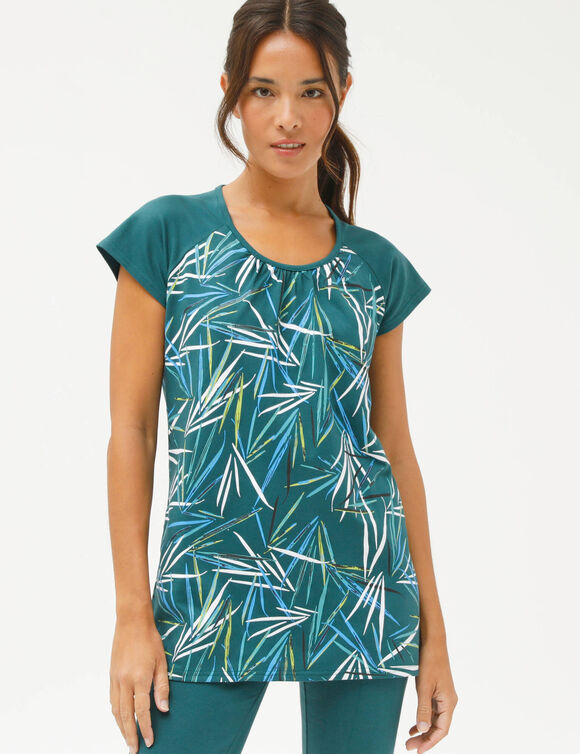 Tee-shirt imprim&eacute; encolure fronc&eacute;e, manches courtes (bleu p&eacute;trole)