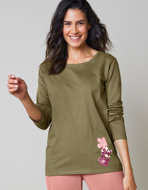 T-shirt pyjama manches longues imprimé fleuri (kaki)