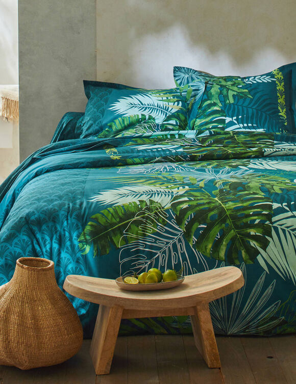 Linge de lit Cayenne en coton imprimé feuilles de palmiers (vert)